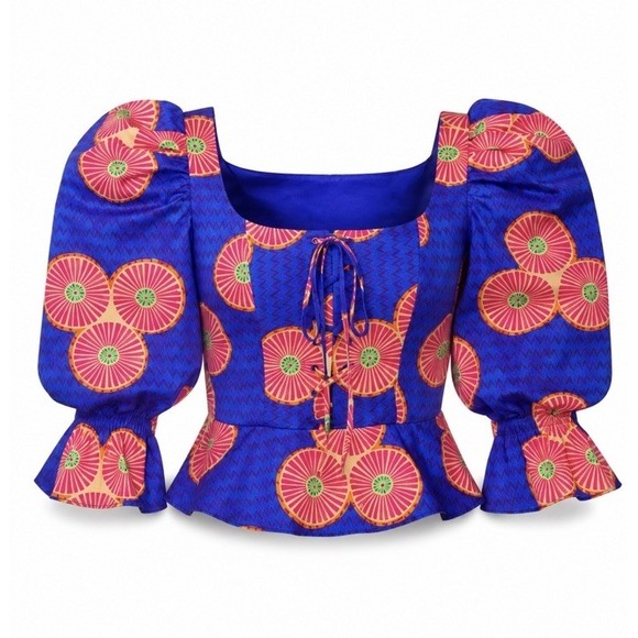 Autumn Adeigbo Tops - NWT Autumn Adeigbo Mallory Top Size 2 Blue Pink Puff Sleeve Lace Up Peplum